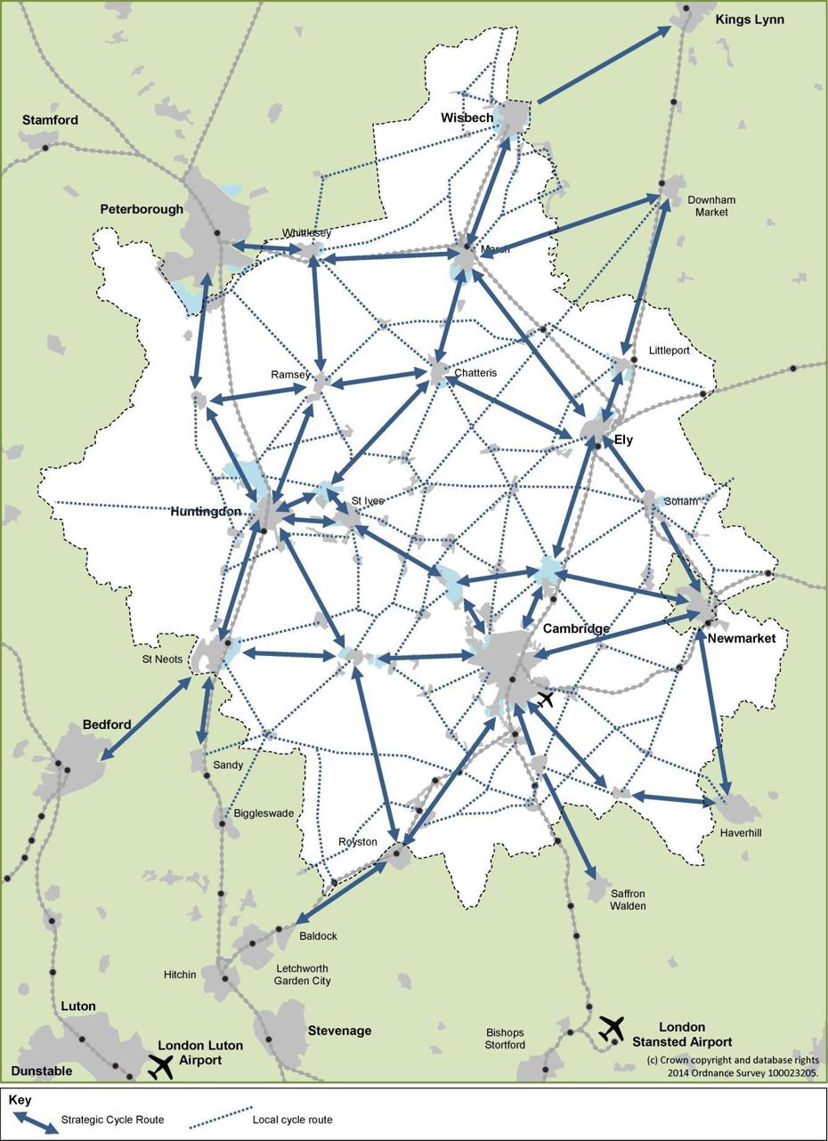 Map showing indicative cycle routes connecting towns and villages across Cambridgeshire
