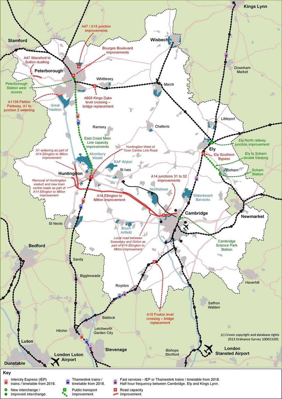 Map showing long term transport schemes across Cambridgeshire