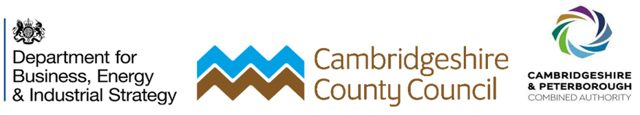 Three logos - Cambridgeshire County Council, Cambridgeshire and Peterborough Combined Authority and Department for Business, Energy and Industrial Strategy