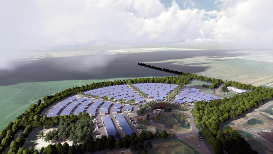 3D render aerial of the solar car ports