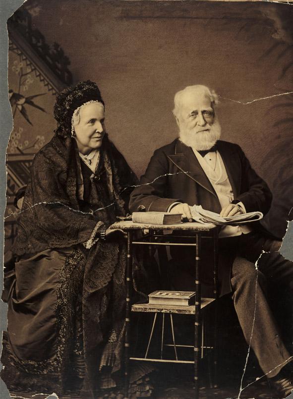Photo portrait of James Spicer and his wife which has been damaged by rips and cracks